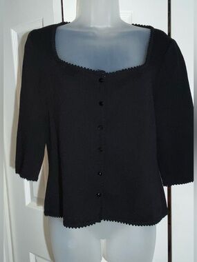 Vintage St John Knits Top 6 Black Sweater Knit Button USA 1/2 Sleeve Cardi AA19